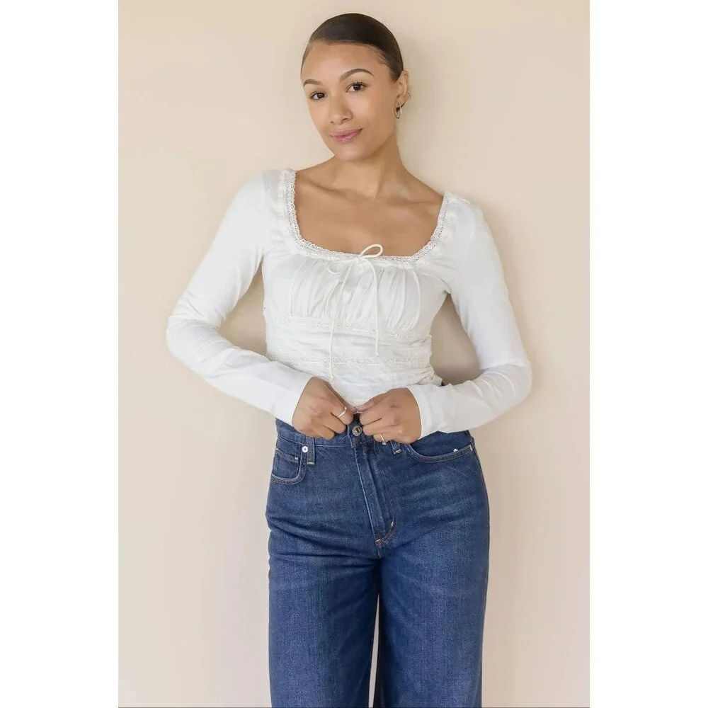 Free People Scarlet Smocked Long Sleeve in Clean Ivory Small New Womens Tee Top